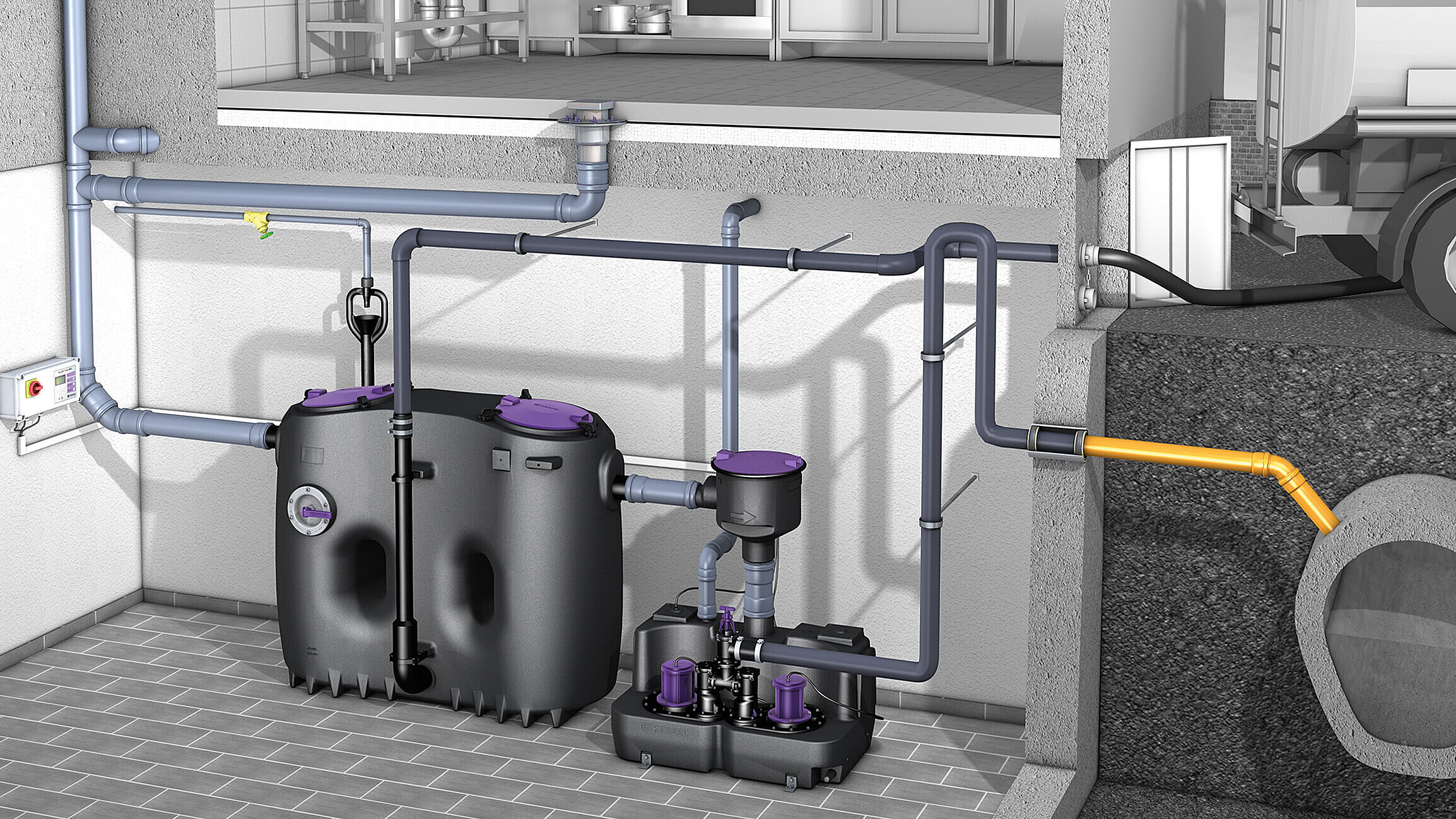 Installation diagram of EasyClean free Basic Direct grease separator