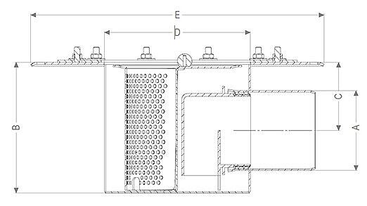 Dimension table for the drain body with horizontal drain for large sizes