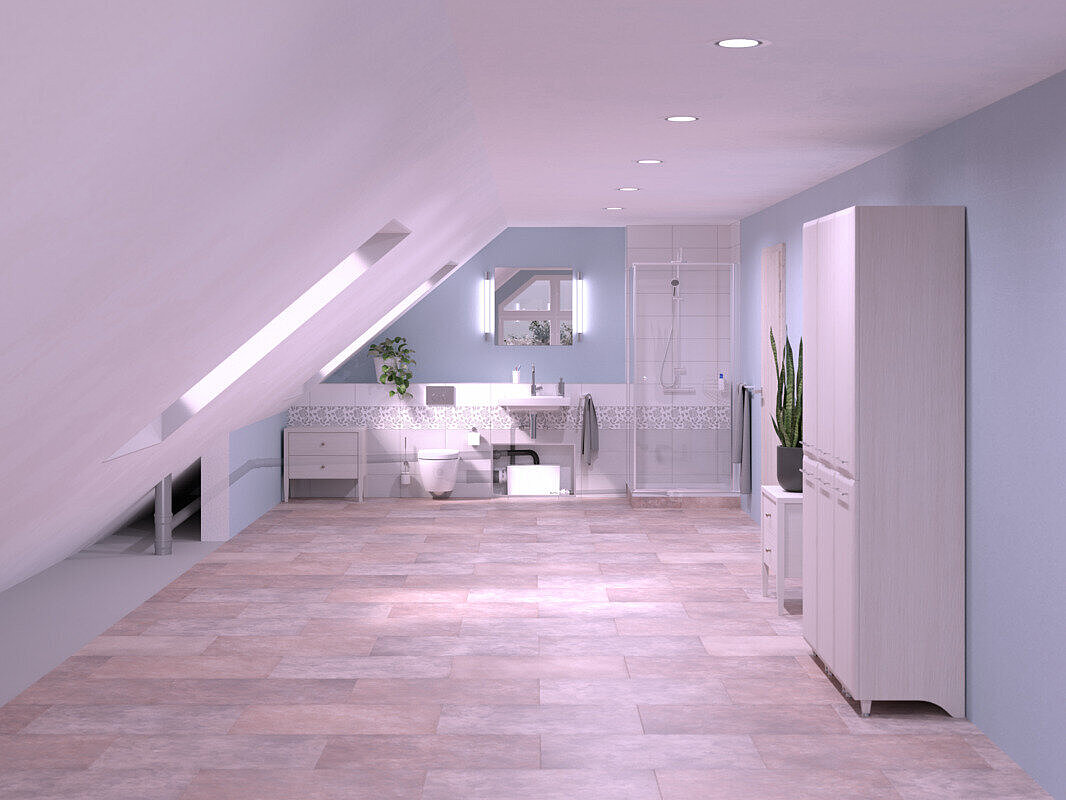 Installation diagram of a Minilift L WC small lifting station in a bathroom with a sloping ceiling, featuring a shower, washbasin and toilet. The Minilift L WC small lifting station is installed inside a cabinet.