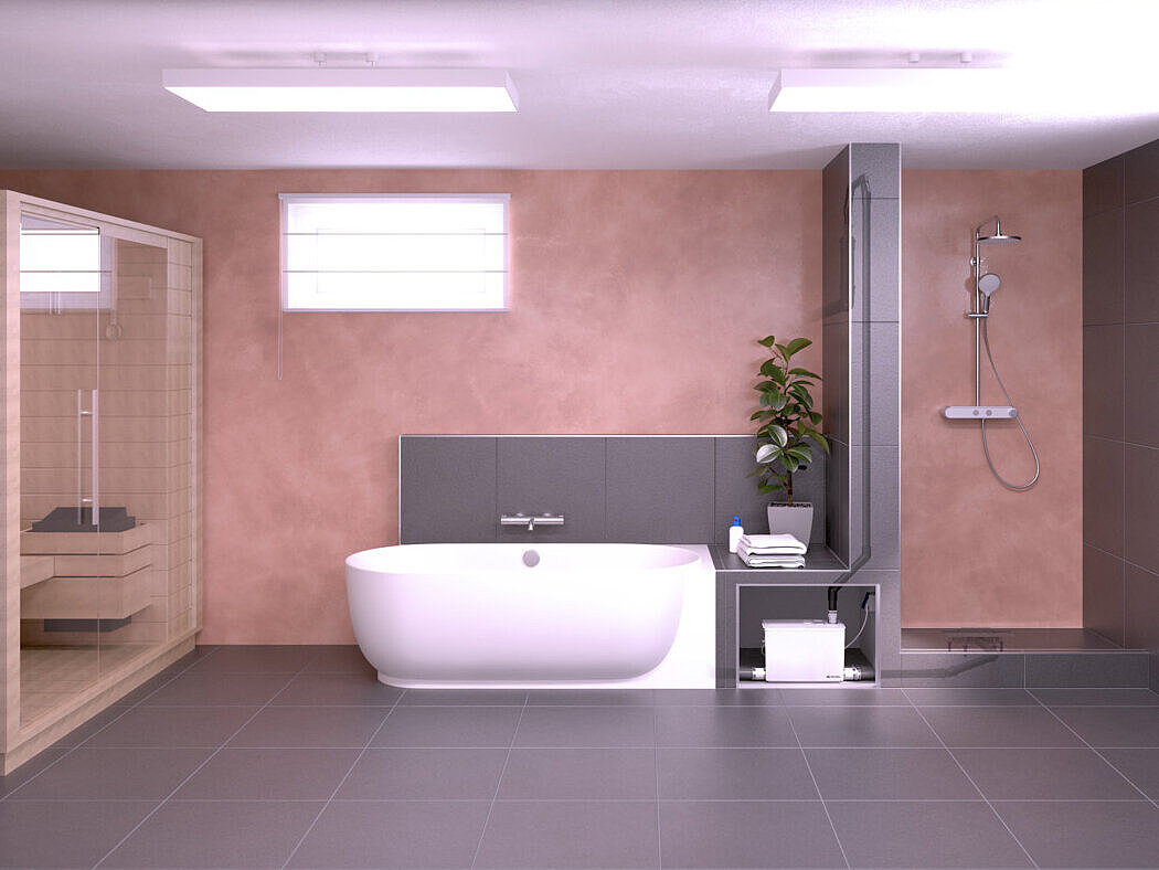 Installation diagram for the Minilift M small lifting station Basement room with a sauna, bath and shower. The drainage outlets are connected to a small lifting station.