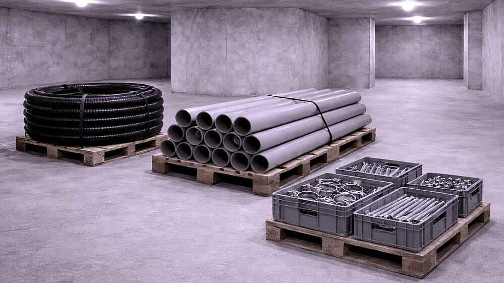 Resource-efficient presentation A schematic diagram of a basement room showing various installation materials.