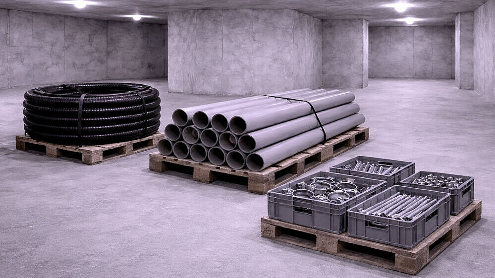 A schematic diagram of a basement room showing various installation materials.
