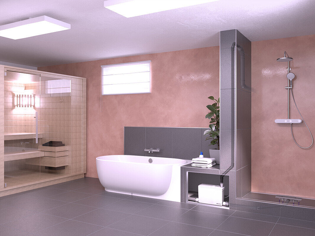 Installation diagram for the Minilift M small lifting station, second view. The basement room with a sauna, bath and shower, seen from a different angle.