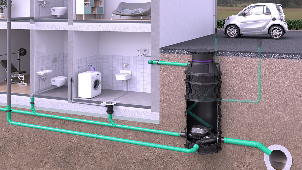 Installation diagram for a backwater chamber Backflow prevention device located outside the building in a chamber.