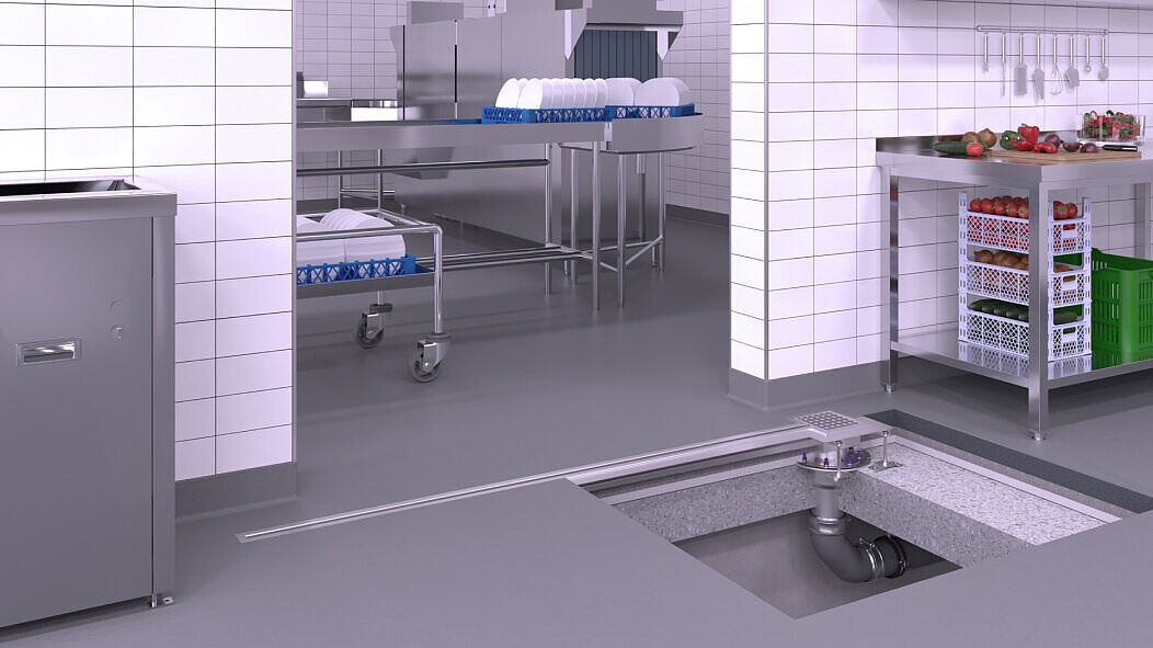 Installation suggestion: stainless steel slotted channel in the door area of a commercial kitchen