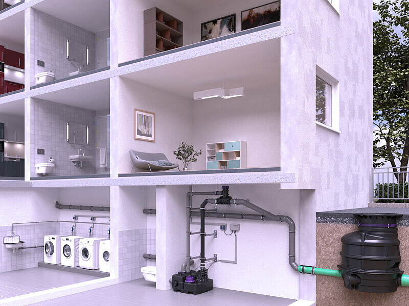 An illustration showing the installation of a lifting station in a block of flats, where the ventilation pipe connects to the CleverVent ventilation manifold, which is mounted beneath the basement ceiling!